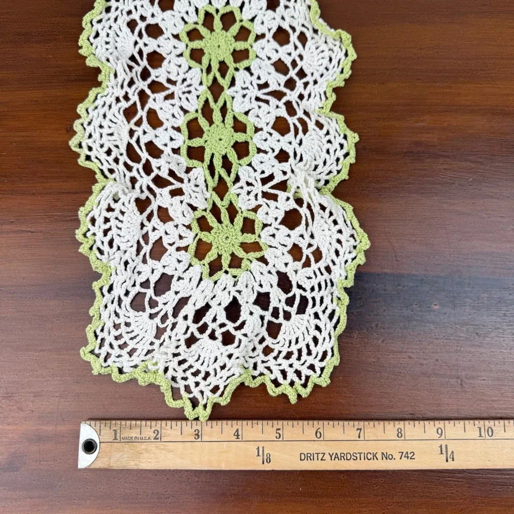 Vintage Handmade Crochet Doily Set 3pc Cottage Sage Green Floral Pineapple Lace